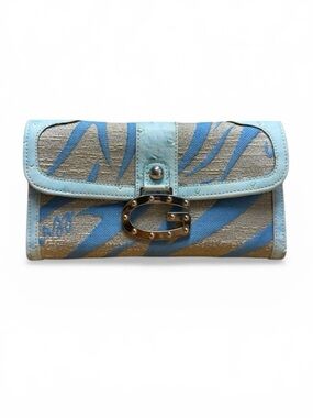 Vintage Y2K Guess Trifold Wallet Leather Canvas Blue Beige Zebra Stripe Retro